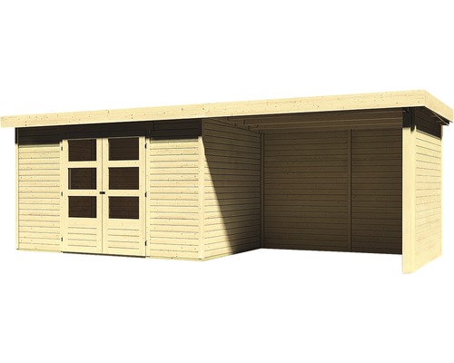 Holzgartenhaus mit Doppeltür und Anbau