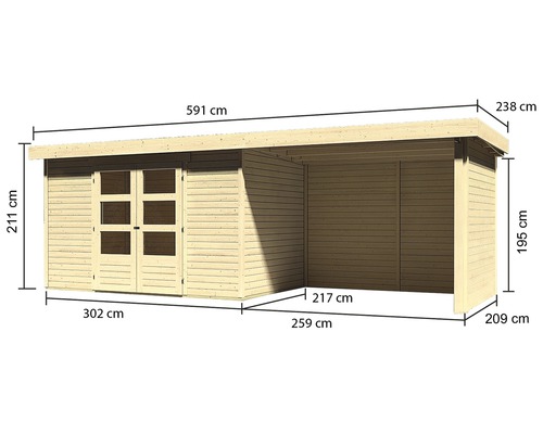 Abbildung eines Holz Gartenhauses mit Maßangaben.