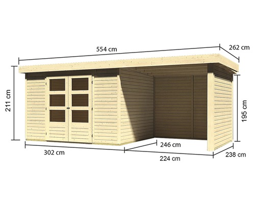 Abbildung eines Gartenhauses aus Holz mit Maßangaben