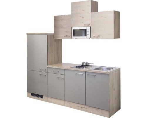 Küchenzeile mit Spüle, Herd, Kühlschrank und Mikrowelle