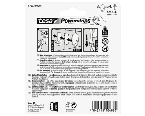 Tesa Powerstrips Klebehaken, spurlos ablösbar, 3 Stück inklusive vier Powerstrips