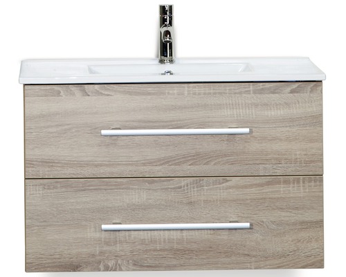 Waschbeckenunterschrank Sanox Stretto 52x81x39 cm mit Keramikwaschbecken Eiche grau Waschtischunterschrank mit zwei Schubladen, Aufsatzwaschbecken und Armatur