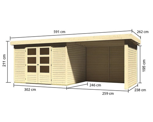 Ansicht eines Gerätehauses aus Holz mit Maßangaben