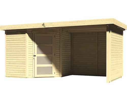 Holzgartenhaus mit Tür und offenem Bereich zur Aufbewahrung von Gartengeräten und -möbeln