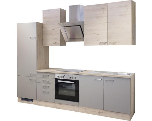 Komplette Küchenzeile mit Ober- und Unterschränken, Spüle, Herd und Dunstabzugshaube