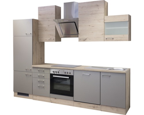 Komplette Küchenzeile mit Ober- und Unterschränken, Dunstabzugshaube, Spüle und Elektrogeräten