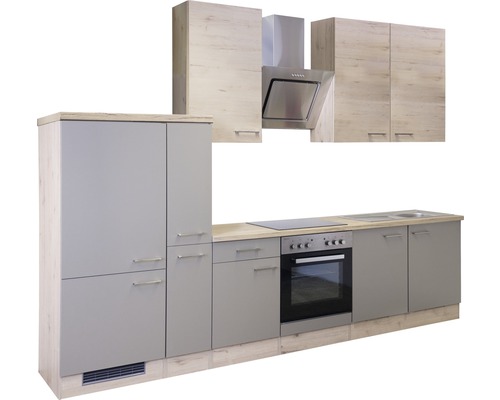 Komplette Küchenzeile mit Unterschränken, Hängeschränken, Dunstabzugshaube und Spüle