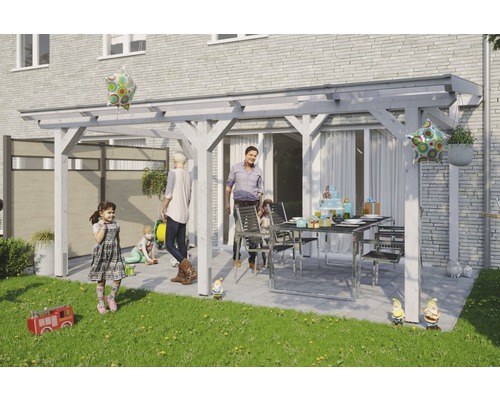 Terrassenüberdachung SKAN HOLZ Siena 541x250 cm weiß Familie feiert im Garten unter einem Holzpavillon mit Tisch und Stühlen
