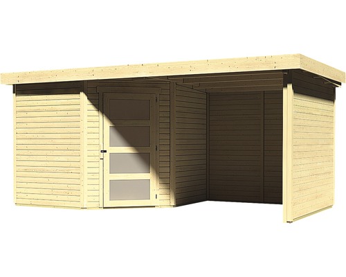 Holzgartenhaus mit Flachdach und Tür