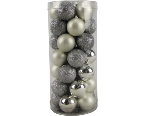 Christbaumschmuck Christbaumkugeln in Rundbox 35 Kugeln silber matt Christbaumkugeln Set in silberner Farbe, bestehend aus glänzenden, matten und glitzernden Kugeln