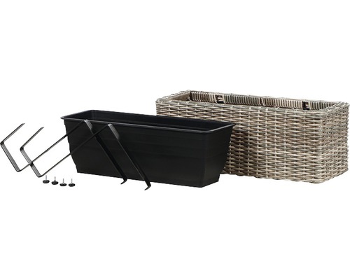 Balkonkasten mit Halterungen und Rattankorb