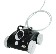 Schwarzer Poolreinigungsroboter mit Rädern und Kabel