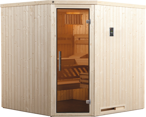 Holzsauna mit Glastür und Bedienfeld