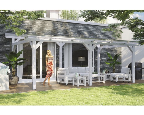 Terrassenüberdachung SKAN HOLZ Siena 648x250 cm weiß Terrasse mit Holzpergola und Gartenmöbeln aus Paletten