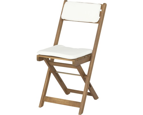Klappstuhl aus Holz mit weißer Sitzauflage und Rückenlehne
