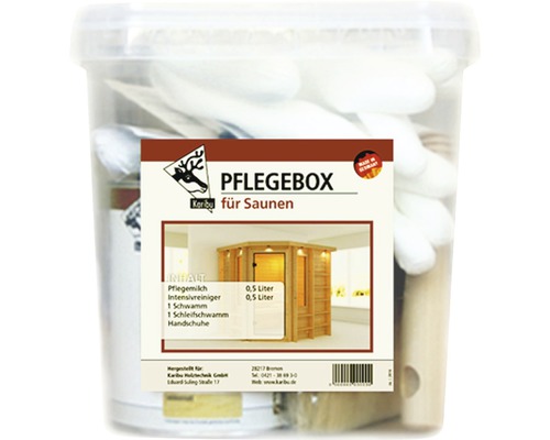 Pflegebox Karibu für den Innenbereich von Saunen und Infrarotkabinen Sauna Pflegebox mit Reinigungsmittel, Schwamm und Handschuhen