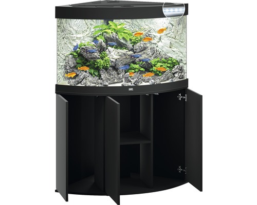 Eckaquarium mit Unterschrank, dekoriert mit Fischen und Pflanzen