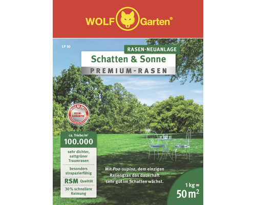 Rasensamen WOLF-Garten Premium Schatten-Sonne, 1 kg / 50 m² Wolf Garten Schatten und Sonne Premium Rasen Packung für die Rasenneuanlage
