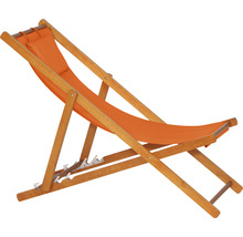 Holzliegestuhl mit orangefarbener Stoffbespannung