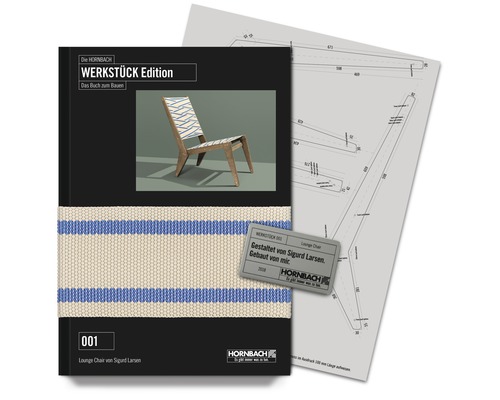 Die Hornbach Werkstück Edition: Das Buch zum Bauen für einen Lounge Chair von Sigurd Larsen mit Bauplan im Hintergrund Die Hornbach Werkstück Edition: Das Buch zum Bauen für einen Lounge Chair von Sigurd Larsen mit Bauplan im Hintergrund