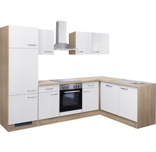 Moderne Küche mit weißen Fronten, Arbeitsplatte in Holzoptik und Dunstabzugshaube.
