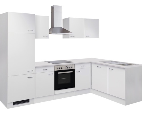 Komplette weiße Einbauküche mit Spüle, Herd, Backofen, Dunstabzugshaube und Schränken