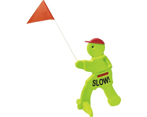 Verkehrssicherheitszeichen in Form einer Figur mit roter Fahne und der Aufschrift ''Slow!''