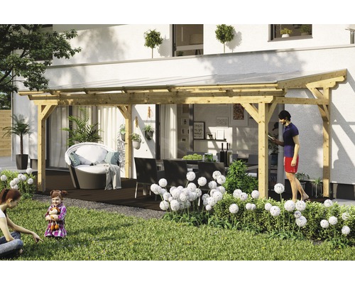 Terrassenüberdachung SKAN HOLZ Sanremo 648x250 cm natur Terrassenüberdachung aus Holz mit Gartenmöbeln auf einer Terrasse mit Rasenfläche