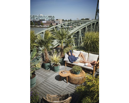 Mann entspannt auf einem Sofa auf einer Dachterrasse mit Pflanzenkübeln und Blick auf eine Brücke