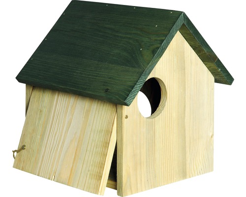 Vogelhaus aus Holz mit grünem Dach und Reinigungsöffnung