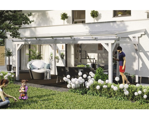 Terrassenüberdachung SKAN HOLZ Sanremo 648x400 cm weiß Überdachte Terrasse mit Terrassenmöbeln und spielenden Kindern im Garten.