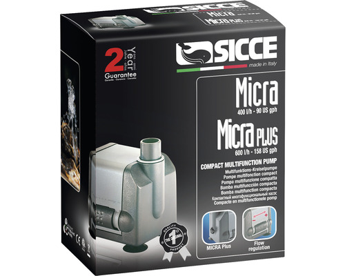 Sicce Micra und Micra Plus Kompakt-Multifunktionspumpe in Produktverpackung