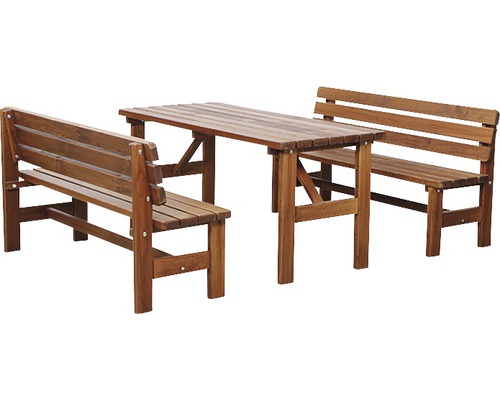 Gartentischgruppe mit zwei Bänken aus Holz