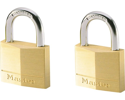 Zwei Messingschlösser von Master Lock mit gehärtetem Stahlbügel