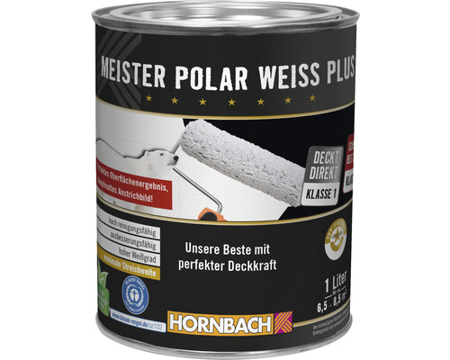 HORNBACH Wandfarbe Meister Polarweiß Plus konservierungsmittelfrei 1 L Eimer Meister Polar Weiss Plus Innenfarbe mit einem Liter Inhalt