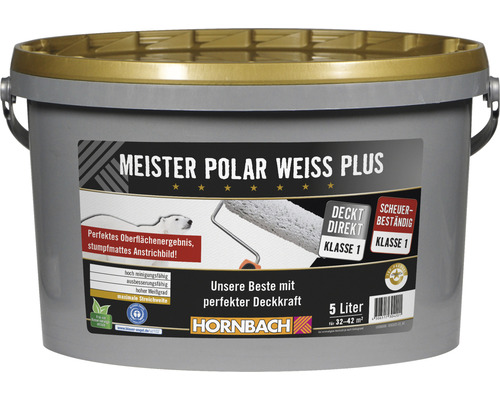 HORNBACH Wandfarbe Meister Polarweiß Plus konservierungsmittelfrei 5 L Eimer Polar Weiss Plus Innenfarbe mit fünf Liter Inhalt