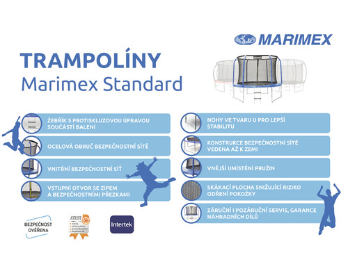 Marimex Standard Trampolin mit Sicherheitsnetz und zugehörigen Produktinformationen