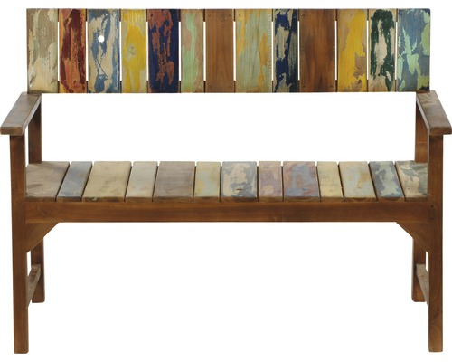 Holzbank mit Armlehnen und mehrfarbiger Sitzfläche und Rückenlehne
