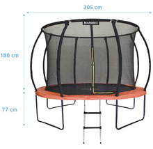 Abgebildet ist ein Trampolin mit Netz und Leiter, Durchmesser 305 cm, Höhe 180 cm, Rahmenhöhe 77 cm.