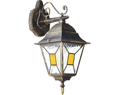 Außenwandleuchte hängend IP44 1-flammig HxTxB 445x255x180 mm Janel schwarz gold Antike Außenwandleuchte mit klarem Glas