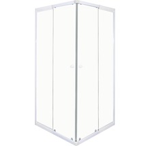 Eckdusche mit transparenten Glastüren und weißem Rahmen