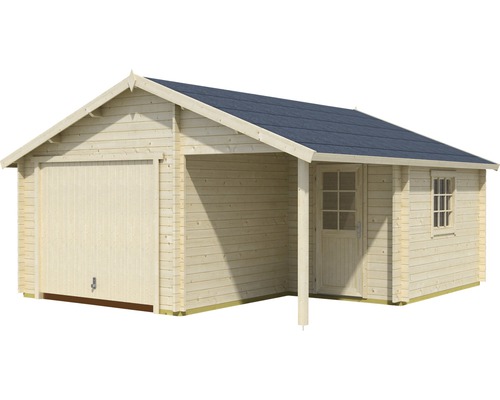 Holzgarage mit Anbau, Tür und Fenster