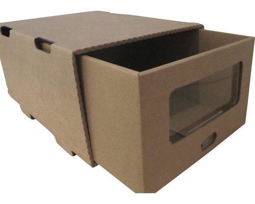 Aufbewahrungsbox aus Pappe mit Schublade und Sichtfenster