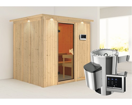 Plug & Play Sauna Karibu Achat VIII inkl. 3,6 kW Ofen u.ext.Steuerung mit Dachkranz und bronzierter Ganzglastüre