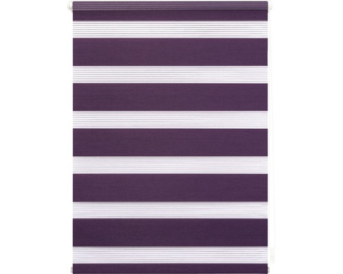 Lila Doppelrollo mit horizontalen Streifen zur Fensterdekoration und Lichtregulierung.