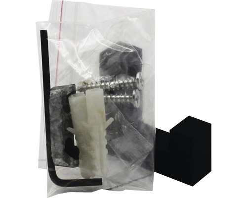 Befestigungsmaterial in einer transparenten Verpackung mit Schrauben und Inbusschlüssel