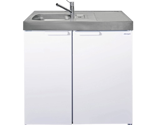 Kompakte Küchenzeile mit Spüle, Wasserhahn und Unterschrank mit zwei Türen