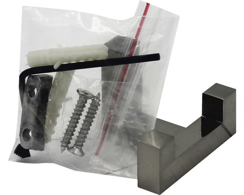 Einzelner Wandhaken aus Metall mit Befestigungsmaterial in einer transparenten Verpackung