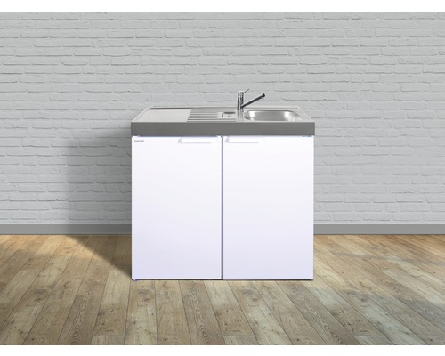 Miniküche Stengel Kitchenline MK100 100x60 cm Becken rechts weiß glänzend Kompakter Waschbeckenunterschrank mit Spüle und zwei Schranktüren für zusätzlichen Stauraum.