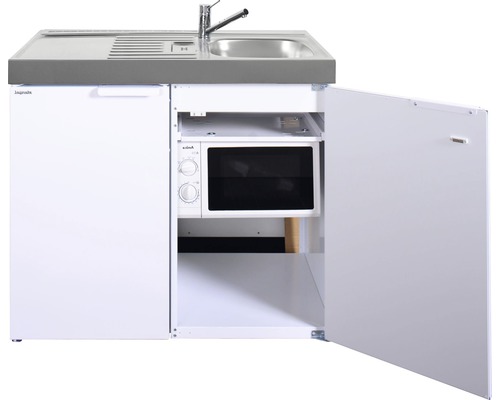 Miniküche Stengel Kitchenline MKM100 100x60 cm Becken rechts weiß glänzend Kompakte Küchenzeile mit Spüle, Mikrowelle und Kühlschrank für kleine Räume